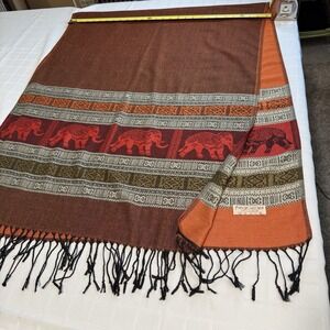 Cashmere Pashmina Shawl Wrap Scarf Burgundy and Gold w/Fringe Elephant Parade